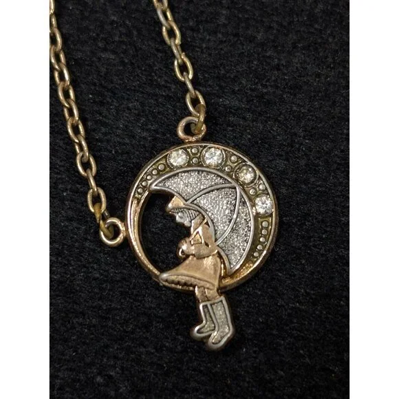 Vintage 1970s 1928 Morton Salt Girl Umbrella Gold Tone Necklace with Crystals - Picture 4 of 11